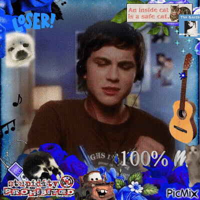 A Man Wearing Headphones Is Surrounded By Blue Flowers And A Sign That Says " Loser " On It GIF