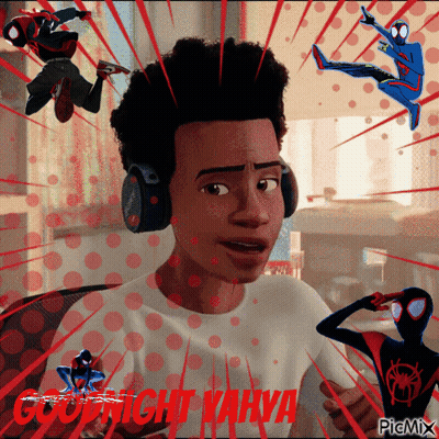 A Man Wearing Headphones Is Surrounded By Spiders And The Words Copyright Kahya GIF