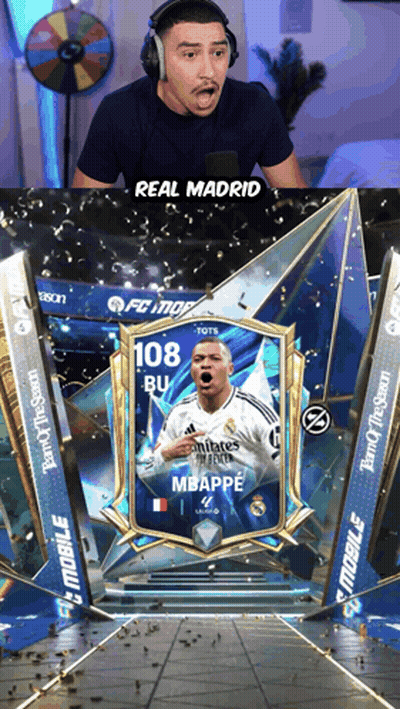 A Man Wearing Headphones Looks At A Card That Says Real Madrid On It GIF