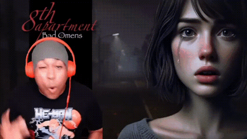 A Man Wearing Headphones Next To A Picture Of A Girl With The Words 8Th Apartment Bad Omens GIF