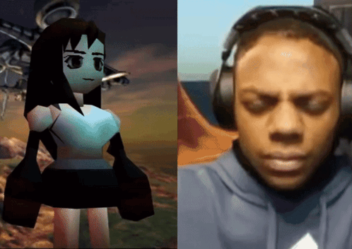 A Man Wearing Headphones Next To A Picture Of A Video Game Character GIF