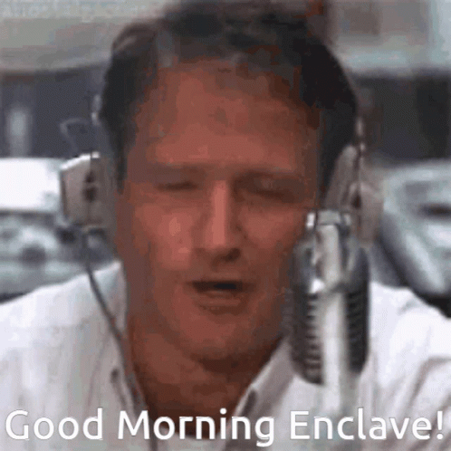 A Man Wearing Headphones Says " Good Morning Enclave " In Front Of A Microphone GIF