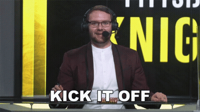 A Man Wearing Headphones Says Kick It Off In Front Of A King Sign GIF