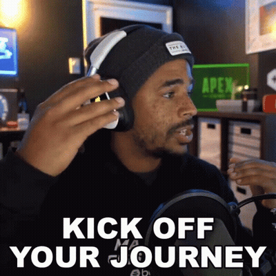 A Man Wearing Headphones Says Kick Off Your Journey In Front Of A Microphone GIF