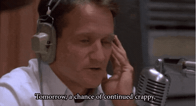 A Man Wearing Headphones Says " Tomorrow A Chance Of Continued Crappy " In Front Of A Microphone GIF