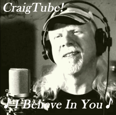 A Man Wearing Headphones Singing Into A Microphone With The Words I Believe In You Above Him GIF