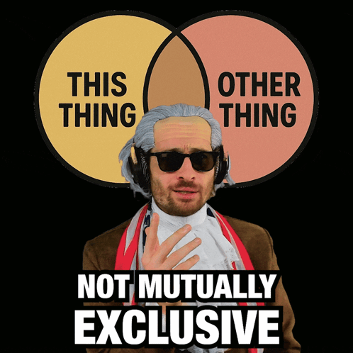 A Man Wearing Headphones Stands In Front Of A Diagram That Says This Thing Other Thing Not Mutually Exclusive GIF