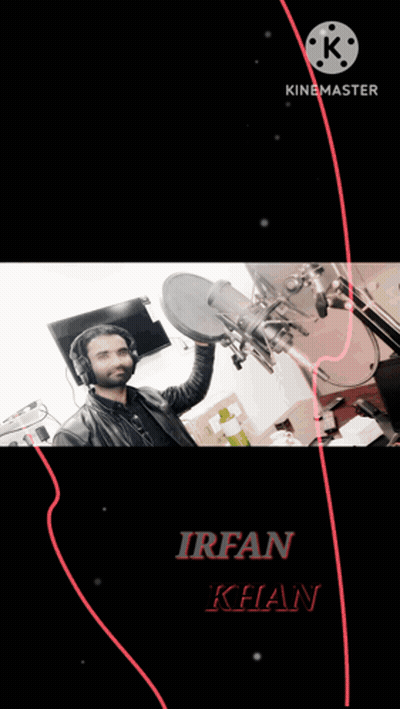A Man Wearing Headphones Stands In Front Of A Microphone With The Name Irfan Khan Written On The Bottom GIF