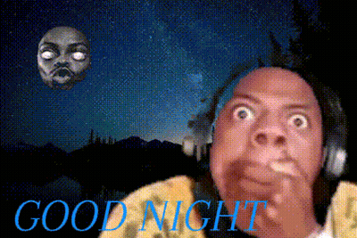 A Man Wearing Headphones Stands In Front Of A Moon With The Words Good Night Above Him GIF