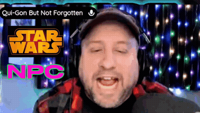 A Man Wearing Headphones Stands In Front Of A Sign That Says Star Wars Npc GIF