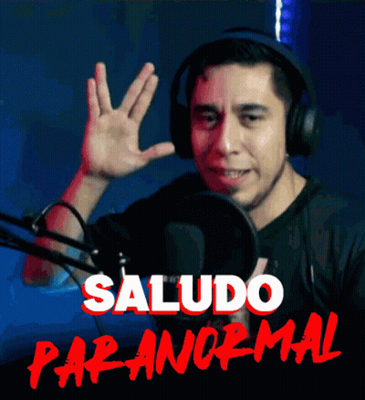 A Man Wearing Headphones Waves His Hand In Front Of A Microphone With The Words Saludo Paranormal Written In Red GIF