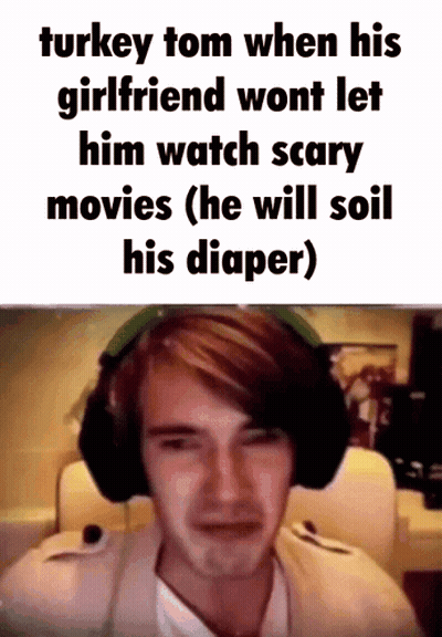 A Man Wearing Headphones With A Caption That Says Turkey Tom When His Girlfriend Wont Let Him Watch Scary Movies GIF