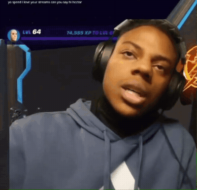 A Man Wearing Headphones With A Screen Behind Him That Says Yo Speed I Love Your Streams Can You Say Hi Hector GIF