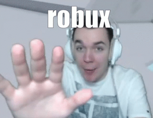 A Man Wearing Headphones With The Word Robux On The Top GIF
