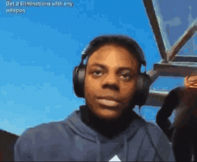 A Man Wearing Headphones With The Words Get 3 Eliminations With Any Weapon On The Bottom Right GIF