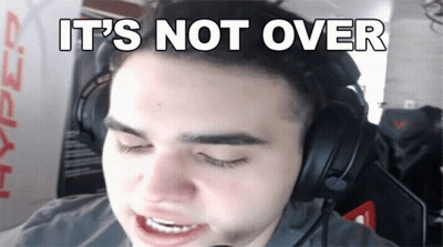 A Man Wearing Headphones With The Words " It 'S Not Over " Above His Head GIF