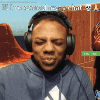 A Man Wearing Headphones With The Words Lil Bro Scared Away Chat On The Bottom GIF
