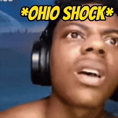 A Man Wearing Headphones With The Words " Ohio Shock " On Top Of His Head GIF
