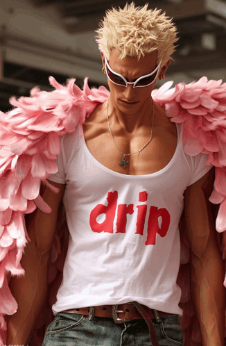A Man Wearing Pink Feathers And A White Shirt With The Word Drip On It GIF