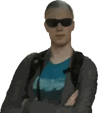 A Man Wearing Sunglasses And A Backpack Stands With His Arms Crossed In Front Of A White Background Sticker