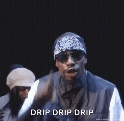 A Man Wearing Sunglasses And A Bandana Is Dancing With The Words `` Drip Drip Drip '' Written On The Bottom . GIF