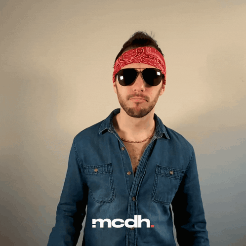 A Man Wearing Sunglasses And A Bandana With The Word Mcdh On The Bottom Right GIF
