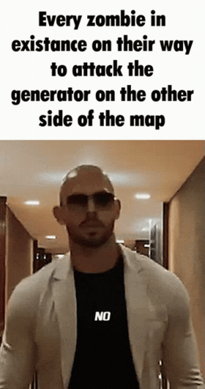 A Man Wearing Sunglasses And A Black Shirt That Says No Is Standing In A Hallway GIF