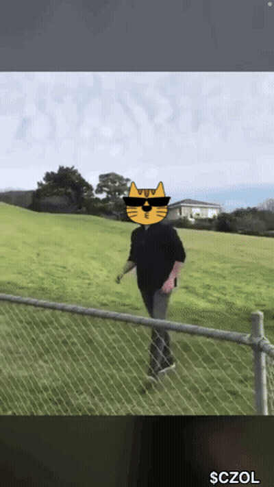 A Man Wearing Sunglasses And A Cat Face Is Walking Behind A Chain Link Fence .. GIF