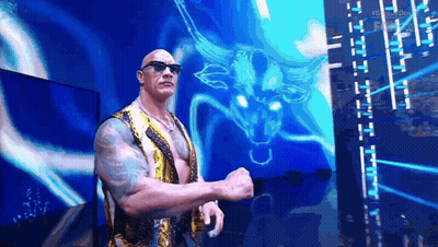 A Man Wearing Sunglasses And A Gold Vest Is Standing In Front Of A Bull On A Blue Background . GIF