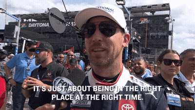 A Man Wearing Sunglasses And A Hat Says It 'S Just About Being In The Right Place At The Right Time .. GIF