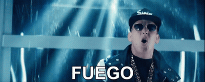 A Man Wearing Sunglasses And A Hat With The Word Fuego Written On It GIF