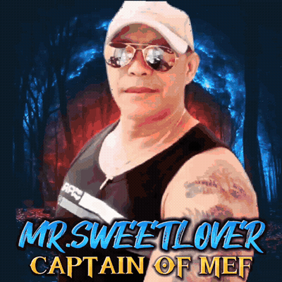 A Man Wearing Sunglasses And A Hat With The Words Mr Sweetlover Captain Of Mef On The Bottom GIF