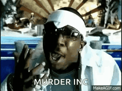 A Man Wearing Sunglasses And A Headband Is Making A Funny Face And Says `` Murder Inc '' . GIF