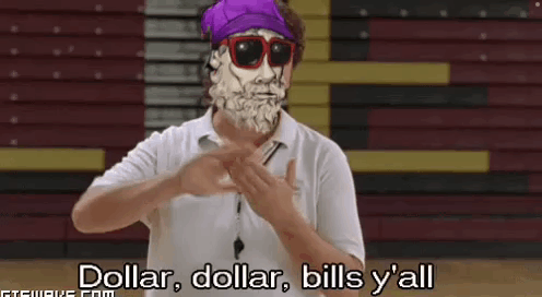 A Man Wearing Sunglasses And A Purple Bandana Says " Dollar , Dollar , Bills Y All " GIF