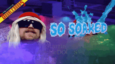 A Man Wearing Sunglasses And A Red Hat With The Words So Soaked In Blue Letters GIF