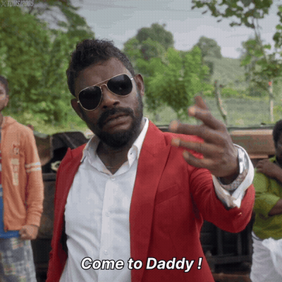 A Man Wearing Sunglasses And A Red Jacket Says Come To Daddy GIF