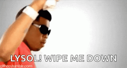 A Man Wearing Sunglasses And A Red Shirt Says " Lysol Wipe Me Down " GIF