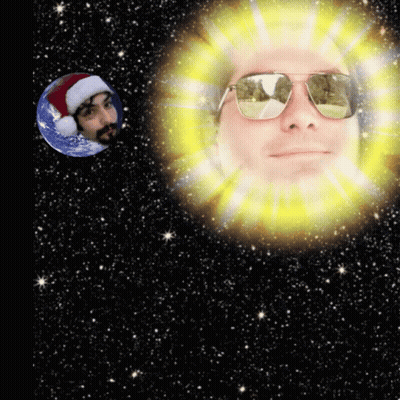 A Man Wearing Sunglasses And A Santa Hat Is Reflected In A Sun GIF