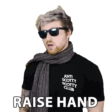 A Man Wearing Sunglasses And A Scarf Has The Words " Raise Hand " Written On His Shirt Sticker