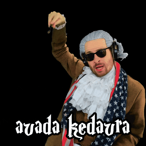 A Man Wearing Sunglasses And A Scarf With The Word Avada Kedavra On It GIF