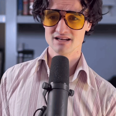 A Man Wearing Sunglasses And A Striped Shirt Is Speaking Into A Microphone GIF