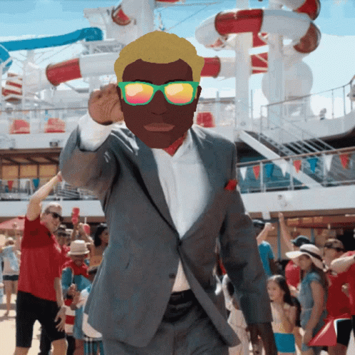 A Man Wearing Sunglasses And A Suit Is Dancing In Front Of A Water Slide GIF