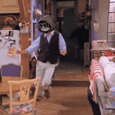 A Man Wearing Sunglasses And A Vest Is Running In A Room GIF