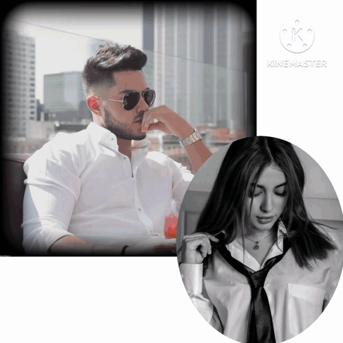 A Man Wearing Sunglasses And A Woman Wearing A Tie Are Shown On A Screen That Says Kinemaster On It GIF