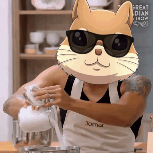 A Man Wearing Sunglasses And An Apron That Says Jomar Pours Something Into A Bowl GIF