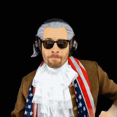 A Man Wearing Sunglasses And Headphones Is Dressed In A Historical Costume GIF