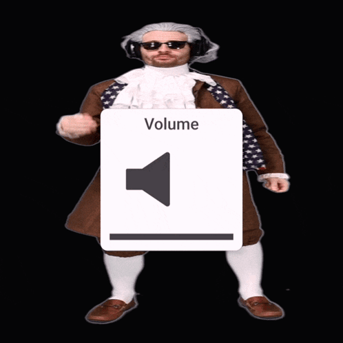 A Man Wearing Sunglasses And Headphones Is Holding A Red Box That Says Volume On It GIF