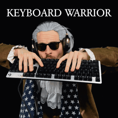 A Man Wearing Sunglasses And Headphones Is Typing On A Keyboard With The Words Keyboard Warrior Behind Him GIF