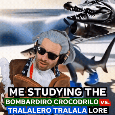 A Man Wearing Sunglasses And Headphones Says He Is Studying The Bombardiro Crocodilo Vs. Traalero Tralala Lore GIF