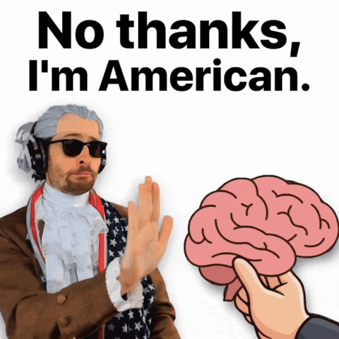 A Man Wearing Sunglasses And Headphones Says " No Thanks I 'M American " GIF